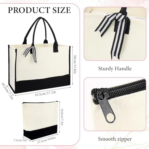 DHNDO 16 Pcs Canvas Tote Bags and Cosmetic Pouches Bulk, Shopping Tote Bags with Handle Set for Bridesmaid Gifts, Travel, Beach, Daily Use (Black and White) — view 4