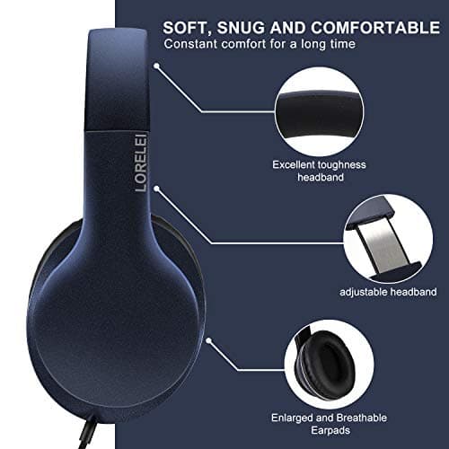 LORELEI X6 Over-Ear Headphones With Microphone, Lightweight Foldable & Portable Stereo Bass With 1.45M No-Tangle, Wired for Smartphone Tablet MP3/4 (Dark Blue) — view 4