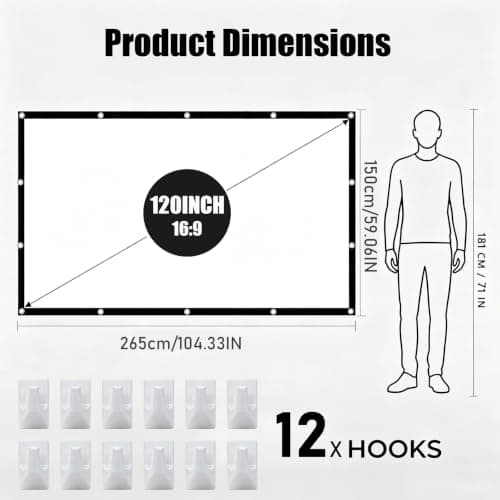 JUBORUI 120 Inch Portable Projector Screen, Easy Setup with Hooks,160° View — view 2