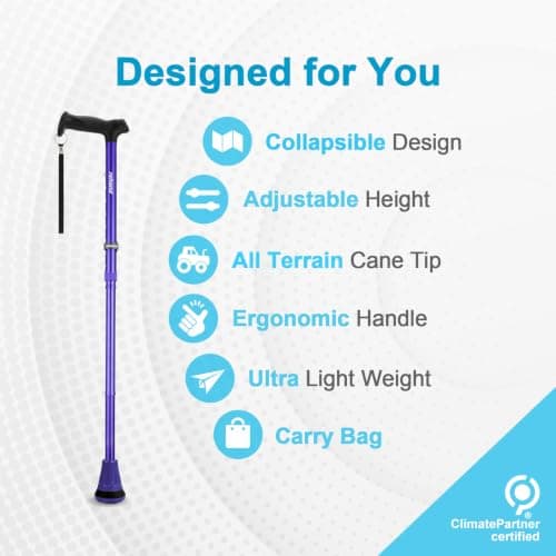 Rehand All Terrain Folding Walking Stick, Walking Sticks for Women & Men, Pivot Tip and Heavy Duty Mobility Aid, Adjustable Walking Stick for Elderly & Ladies (Purple) — view 2