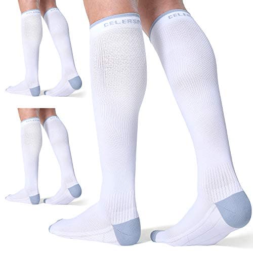 CS CELERSPORT 3 Pairs Compression Socks for Women and Men 20-30 mmHg Travel Flight Socks Knee High Socks(White),Small/Medium