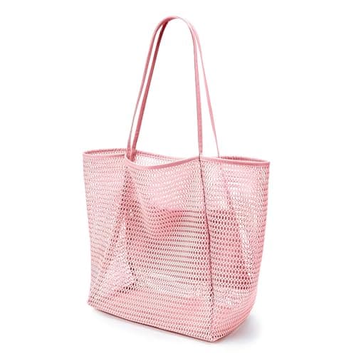 HUANYO Mesh Tote Bag, 23 Litre Beach Bag Extra Large Tote Bags for Women with Zip Pocket, Summer Shopping Bags Reusable for Picnic Holiday Travel Grocery (pink)