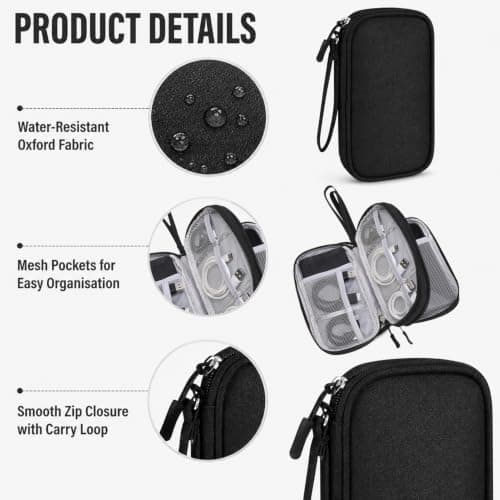 Travel Cable Organiser Bag, Portable Tech Pouch (Double-Layer Black) — view 3