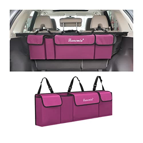 Hanemia Car Trunk Organizer, Backseat Hanging Storage with 4 Large Pockets, Collapsible Cargo Bag with Adjustable Straps Frees Trunk Floor, Sturdy Space Saving Expert for SUV, Truck, Van (Purple)