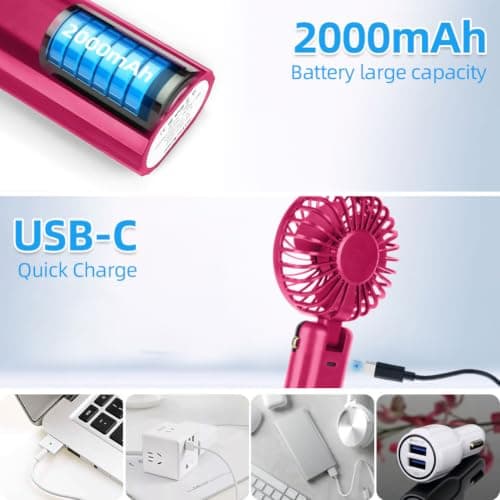 AUAUY Portable Handheld Fan, USB Rechargeable Fan with 6 Speeds, Rose Red — view 5