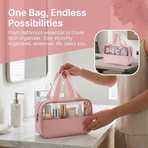 Clear Makeup Bag Travel Toiletries Bag, Toiletry Bags for Women, Waterproof Emergency Kit Bag for Girls, Portable Make up Wash Pouch for Travel Holiday Essentials Accessories (Pink) — view 4