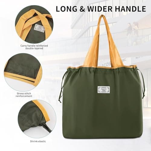 Nexlynk 3Pcs Foldable Reusable Shopping Bags 42x53 cm, Large Waterproof Tote Drawstring Shopper Washable Nylon Grocery Bags for Travel Beach Daily Use Women Mom (Orange Green Yellow) — view 3