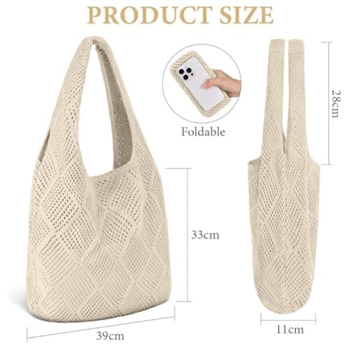Aucuu Women Knitted Handbags, Retro Hollow Woven Shoulder Bags, Boho Shoulder Bag, Crochet Mesh Tote Bag, Beach Bag for Women, Travel Shopping Handbag for Holiday, Daily Work, Shopping, Travel — view 4