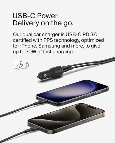 Belkin BoostCharge Dual Car Charger 42W w/Fast Charge USB-C 30W PPS & 12W USB-A Ports for Apple iPhone 16/16 Pro/16 Plus/16 Pro Max, iPhone 15, 14, 13, 12 Series, Samsung Galaxy S24, & More - Black — view 2