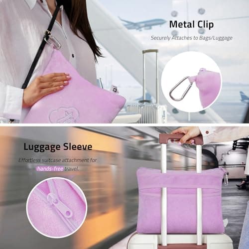 ENZOLVE Travel Blanket Pillow,Airplane Blanket Compact with Bag Eye Mask, Ultra-Soft,Warm & Lightweight Included,Travel Essentials for Women & Men, Luggage Sleeve & Backpack Clip 65x40 in,Purple — view 4