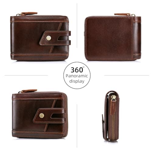 SCHLATUM Zipper Wallet for Men Large Capacity RFID Blocking Genuine Leather Vintage Wallet with Coin Pocket ID Window, Coffee, 4.7 x 3.5 x 1.2 inches, Retro — view 2