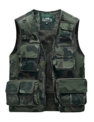 Sukany Men's Leisure Outdoor Work Safari Fishing Travel Cargo Vest Jacket Photo Mesh Waistcoat Multi Pockets Camouflage Army Green 2XL