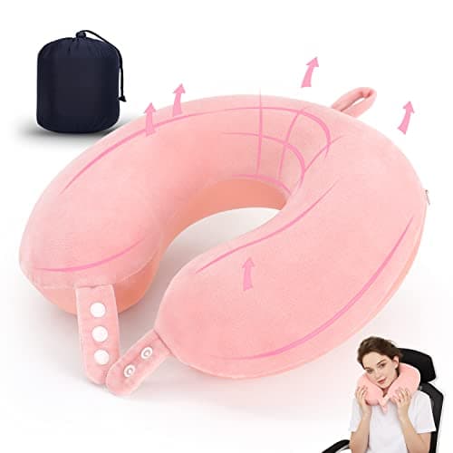 TALLGO Travel Neck Pillow, Best Memory Foam Airplane Pillow for Head Support Soft Adjustable Pillow for Plane, Car & Home Recliner Use (Pink)