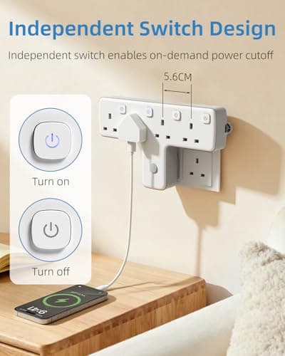 Mscien Multi Plug Adopter, Plug Extension with Independent Switches, 4 Way Plug Adapter UK Built-in Surge Protector, 4 in 1 Wall Socket Plug Extender with 180 Degree Rotation Button — view 6