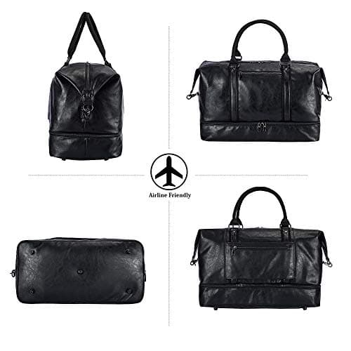 Travel Bag with Shoe Pouch,Weekender Overnight Bag Waterproof PU Leather Large Carry On Bag Travel Tote Duffel Bag for Men or Women,Black — view 5