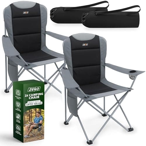 ZENO Camping Chair 2PCS | Folding Camping Chairs for Adults with Padded Backrest, Cup Holder and Side Storage Pocket | Heavy Duty Portable Chair with Strong Steel Frame for Camping, Festivals, Outdoor