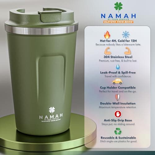 Namah® 380 ML Insulated Stainless Steel Coffee Mug with Lid, Double Wall Vacuum Travel Mug for Hot & Cold Drinks, Reusable Coffee Cup for Office, Home & Travel, Forest Olive Green — view 2