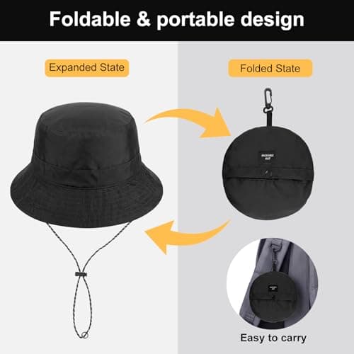 FACHOI Bucket Hat Women Men, Waterproof Sun Hat Foldable UV Protection Summer Hats Adjustable Chin Strap Quick Dry Boonie Hat Fishing Walking Hiking Camping Travel F4-ZDYFM(Black) — view 5
