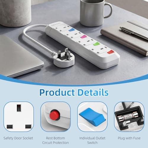 Mscien 4 Way Short Extension Lead, 0.2M Small Extension Lead, Fused 4 plug Extension Socket with Individual Switches Mountable Overload Protection Power Strips with 0.2 Metre Extension cable 2500W — view 3