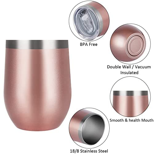 Joymaking 12oz Reusable Coffee Cup, 2 Pack Double Walled -Insulated Travel Mug Vacuum Stainless Steel Wine Tumbler with Spill Proof Lid, Great for Coffee, Tea, Milk and Wine (Rose Gold) — view 5