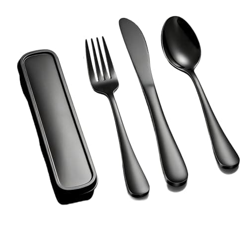 3 Pack Portable Cutlerys Set with Case – Stainless Steel Fork Knife Spoon for Lunch Box Camping Office, Reusable Portable Utensil Kit, Dishwasher Safe Black