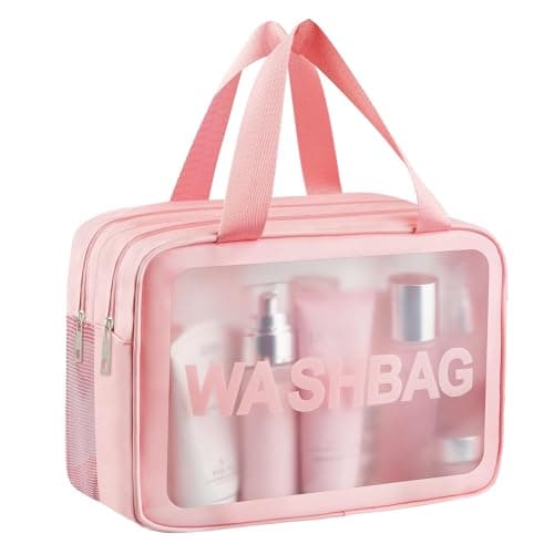Clear Toiletry Bag, Wet Dry Separation PVC Makeup Cosmetic Bag, Large Capacity PVC Wash Bags with Handles for Women Girls Pink