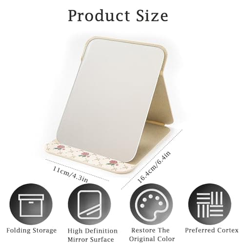 Shunshi Portable Folding Mirror, 16.4 * 11cm, Standing/Leaning, Rectangular, Brown PU Frame, HD Glass, Adjustable Stand, Travel Makeup Mirror — view 2