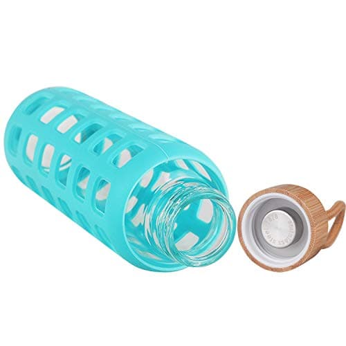 Cleesmil Sports Glass Water Bottle with Silicone Sleeve with Bamboo Lid BPA Free 660 ml (Aqua Blue) — view 2