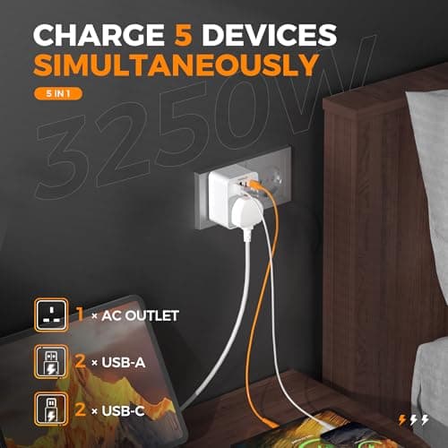 TESSAN UK to European Plug Adapter, Type E F Travel Adapter with USB C — view 5
