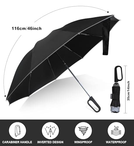Compact Inverted Umbrella with Never Forget Carabiner Handle - Travel Umbrella Windproof Strong, Automatic Umbrellas for wind rain, Auto Open Close, 10 Rib Durable Frame for Women Men (UV Black) — view 6