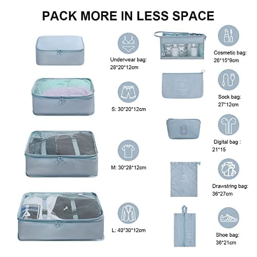 OSDUE Packing Cubes for Suitcases, 9PCS Travel Luggage Packing Organizers Waterproof Travel Essentials Bag Accessories Clothes Shoes Cosmetics Toiletries Storage Bags(Korean Blue) — view 2