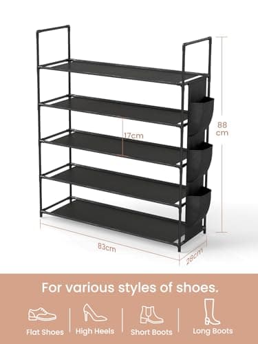 GreenWhim 5 Tier Shoe Rack, Shoe Storage Organiser with Side Storage Bag, Metal Storage Rack 83 x 28 x 88cm, Upright or Upside Down, Fits 20 to 25 Pairs, Stackable for Hallway (5 Tier) — view 3