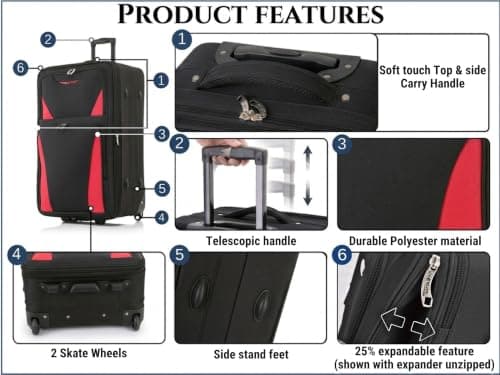 DK Luggage 28" Large Lightweight Suitcases Expandable Trolley case with 2 Wheels DK16 Black/Red — view 6