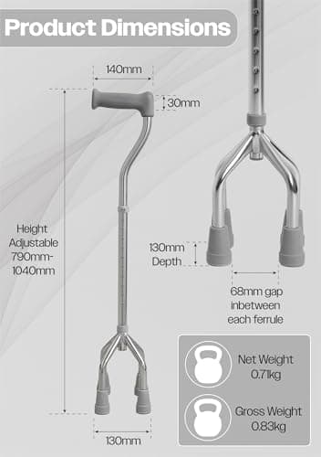 Aidapt Small‑Base Quad Cane/Tetrapod – Height‑Adjustable Walking Stick with Non‑Slip Rubber Ferrules, 10 Height Settings for Extra Stability, 715–965 mm Range — view 2