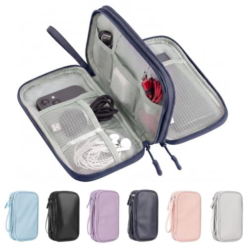 Arae PU Leather Cable Organizer Double Layer Travel Pouch, M Dark Blue