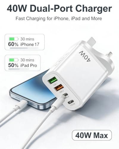 UK Travel Adapter,UK Plug, with 2 USB-C and 2 USB-A Fast Charge Ports,USB-C Fast Charging,40W 4-Port Fast Charger UK Plug,Compatible with iPhone, Samsung — view 3