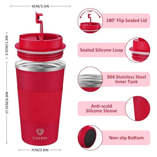 CS COSDDI Travel Mugs, Insulated Coffee Cup with Leakproof Lid - Reusable Coffee Cups Travel - Car Coffee Cup - Stainless Steel Coffee Mug for Hot and Cold Water and Tea(Red-A, 510 ml) — view 5