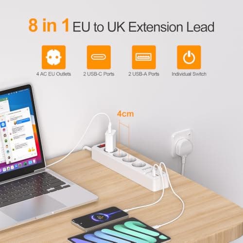 4 Way European to UK Plug Adaptor, EU to UK Plug Adapter with 4 AC Outlets, 2 USB-C Ports & 2 USB-A Ports, 2 Pin to 3 Pin Adapter Plug UK Travel from France, Italy, Spain, Germany, Poland — view 2