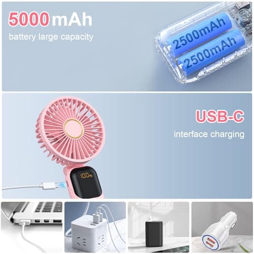 Handheld Fan Rechargeable, Portable Mini Fan Handheld with 5 Speeds 5000mah, Electric USB Small Hand Held Fans, Powerful Personal Fan Foldable Fans for Outdoor Office Travel Camping School Home — view 4
