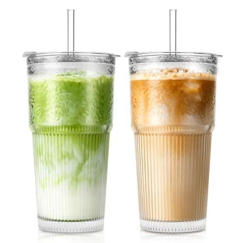 SoulTimes 600ml Ribbed Glass Tumblers with Lids and Glass Straws, Set of 2 – Leakproof Design, Durable Drinking Glasses for Iced Coffee, Juice, Smoothies & Cold Beverages, Includes Cleaning Brush