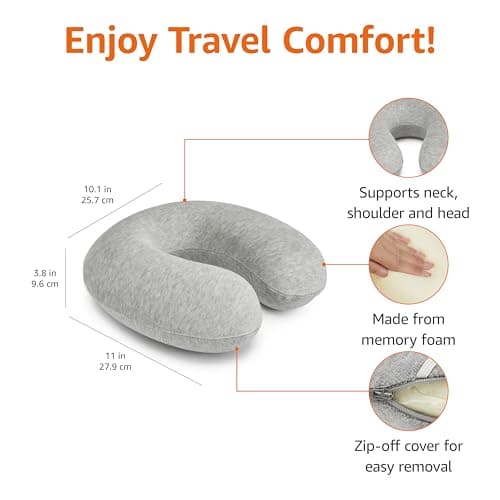 Amazon Basics Travel Pillow, Memory Foam Neck Pillow For Travel, Machine Washable Cover with Elastic Carrying Strap, 30.5 x 30.5 x 9.6 cm, Grey — view 3