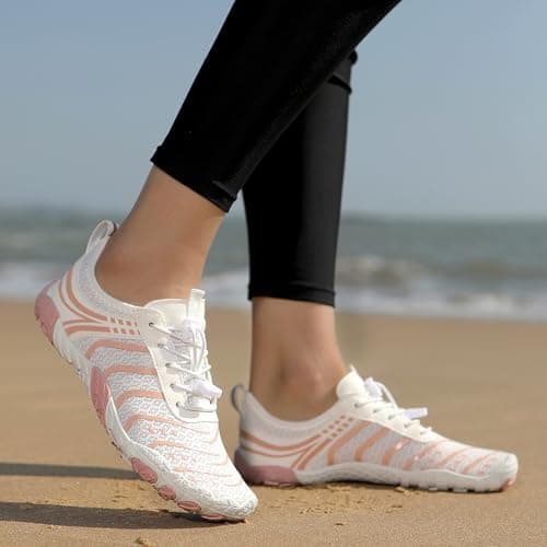 Barefoot Shoes Quick Dry Aqua Shoes Water Shoes Men Women Summer Beach Shoes Toe Protection Non Slip Swimming Shoes Lightweight Stylish River Shoes, Pink and White, 6UK — view 2