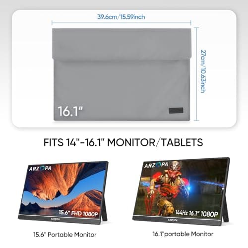 ARZOPA 16.1" Portable Monitor Sleeve Bag PU Leather Storage Case for Travel Monitor Laptop, Waterproof Material, Bottom Layer Material, Soft Lining, Can Be Rolled Up For Storage, Easy To Carry (Grey) — view 3