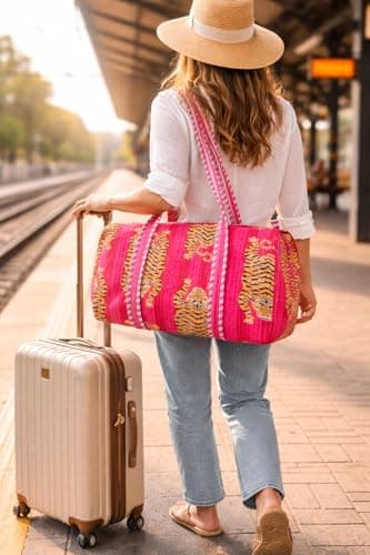 Tiger Print Quilted Cotton Weekender Bag – Handmade Travel Duffel, Gym & Yoga Bag, Lightweight Carry-On Holdall, Pink — view 6