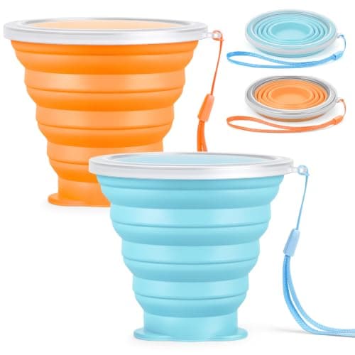 AUAUY Silicone Foldable Cups, 2 Pack 190ml Travel Camping Mug with Lid