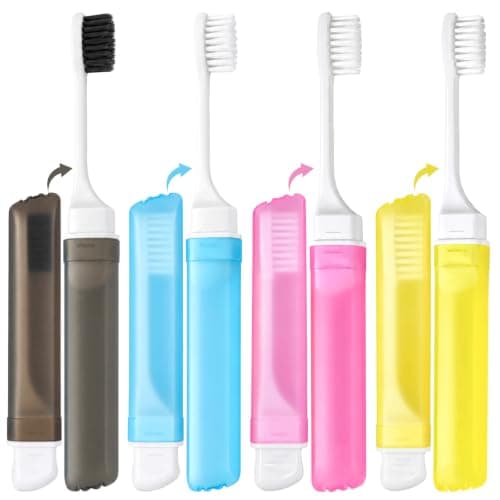 4Pcs Travel Toothbrush, Foldable Soft Bristle Toothbrushes with Travel Case, Portable Mini Toothbrush Set for Adults Kids, Camping Hiking Hotel Home Oral Care (Blue, Pink, Black, Yellow)