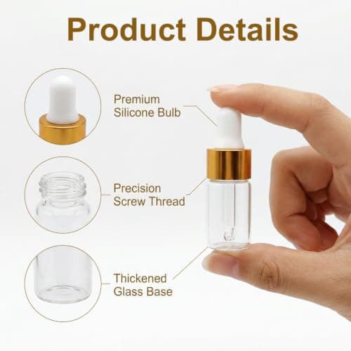 Guline 3ml Mini Dropper Bottles for Travel, 10 Pack Mini Glass Pipette Dropper Bottle with Gold Cap, Empty Refillable Sample Containers for Essential Oils Perfume and Cuticle Oil — view 3