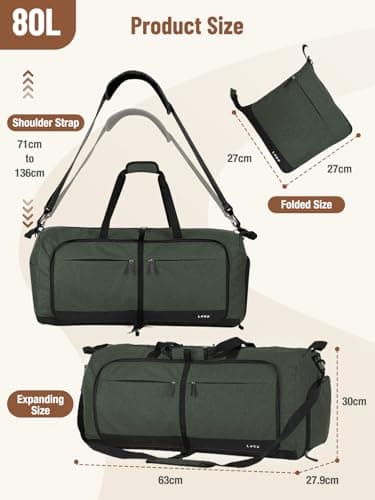 Lekesky Large Foldable Travel Duffe Bag - 80L Waterproof Holdall Luggage Bag with Shoes Compartment, Weekend Overnight Sports Bag for Women and Men(Green, 72 * 33 * 34cm) — view 3