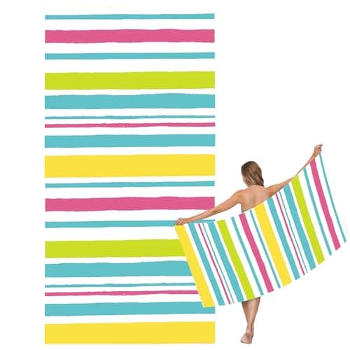Large Quick Dry Microfibre Beach Bath Towel,Double Sides Light Blue White Striped Sand Free Beach Towel with Bag,Lightweight Gym Yoga Sports Towel,Compact Travel Summer Beach Towel for Women Men