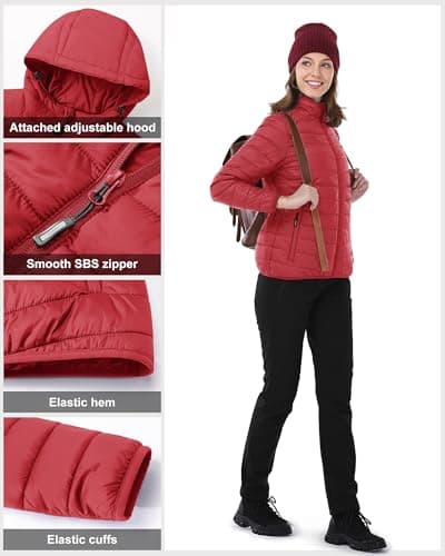 Outdoor Ventures Women's Winter Lightweight Puffer Jacket with Hood, Warm, Short, Packable, Quilted, Transitional, Padded Jacket for Ladies, Lined for Hiking, Travel Red 2XL — view 4